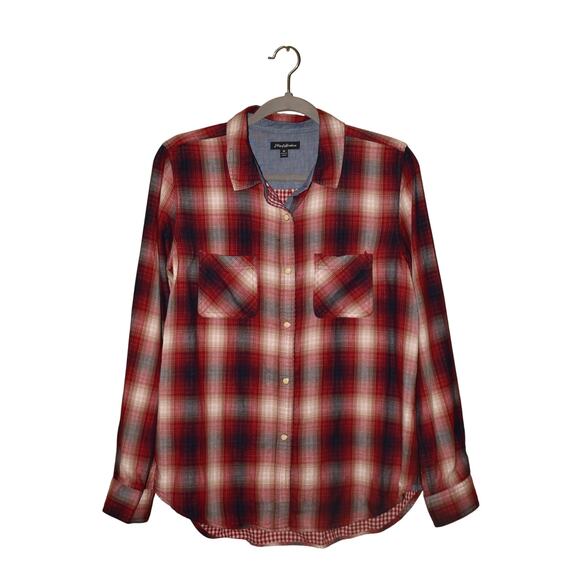 FLAG & ANTHEM $80 Red‎ Navy Plaid Pearl Snap Long Sleeve Shirt Men's Medium - Picture 1 of 4